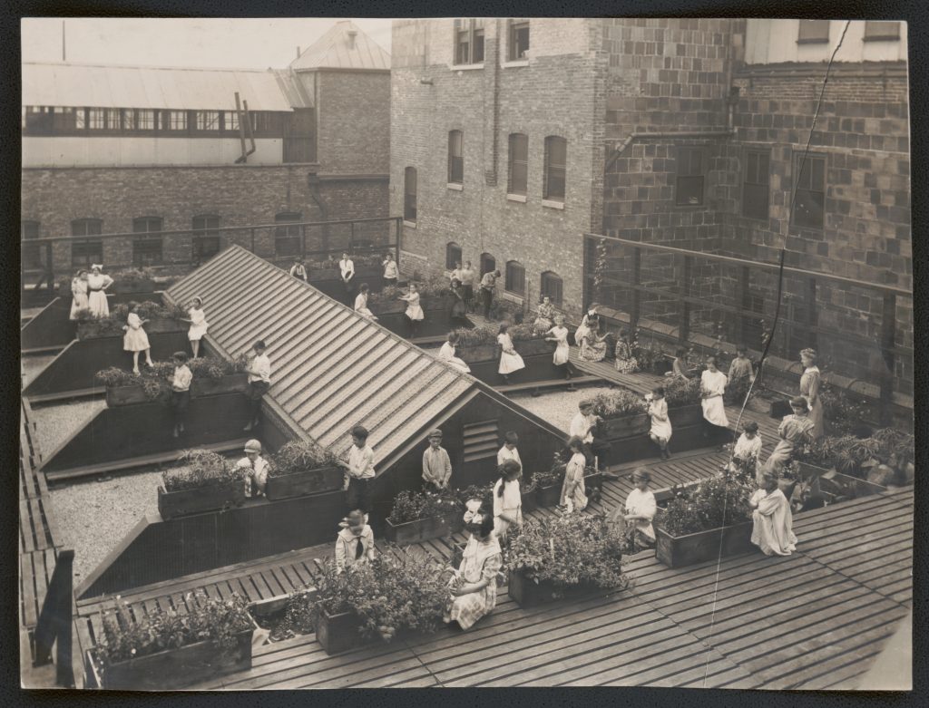 Black-and-white photo of women and children sitting and standing in a rooftop garden, surrounded by planters and brick buildings, with some people tending to plants or conversing.
