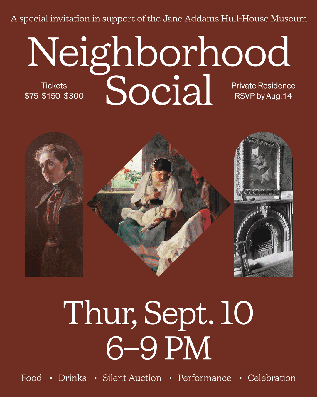 Event flyer for a Neighborhood Social with three vintage art images, event details (Sept. 10, 6–9 PM), ticket prices, RSVP info, and mention of food, drinks, silent auction, performance, and celebration.