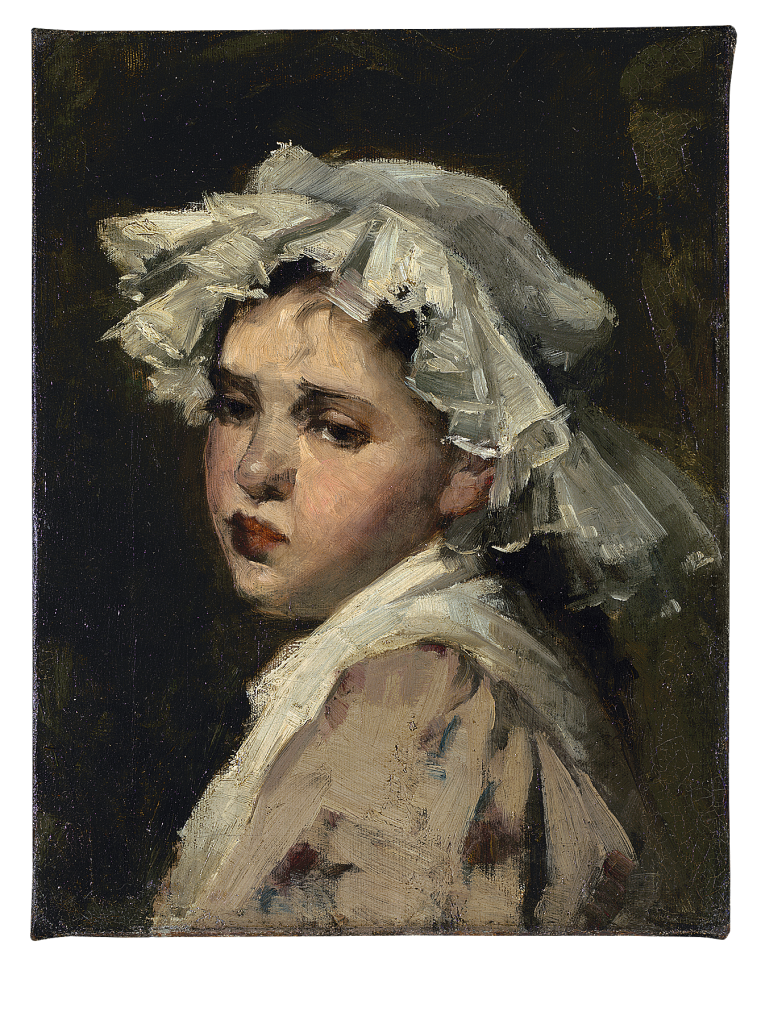 A painted portrait of a young girl wearing a white ruffled bonnet and a light-colored garment, gazing sideways with a somber expression against a dark background.