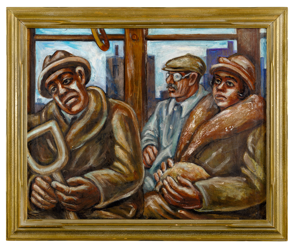 A painting of three people riding on public transportation. Two men and a woman sit on a bench; the man on the left holds a shovel. All wear hats and winter coats, with city buildings visible through the window behind them.
