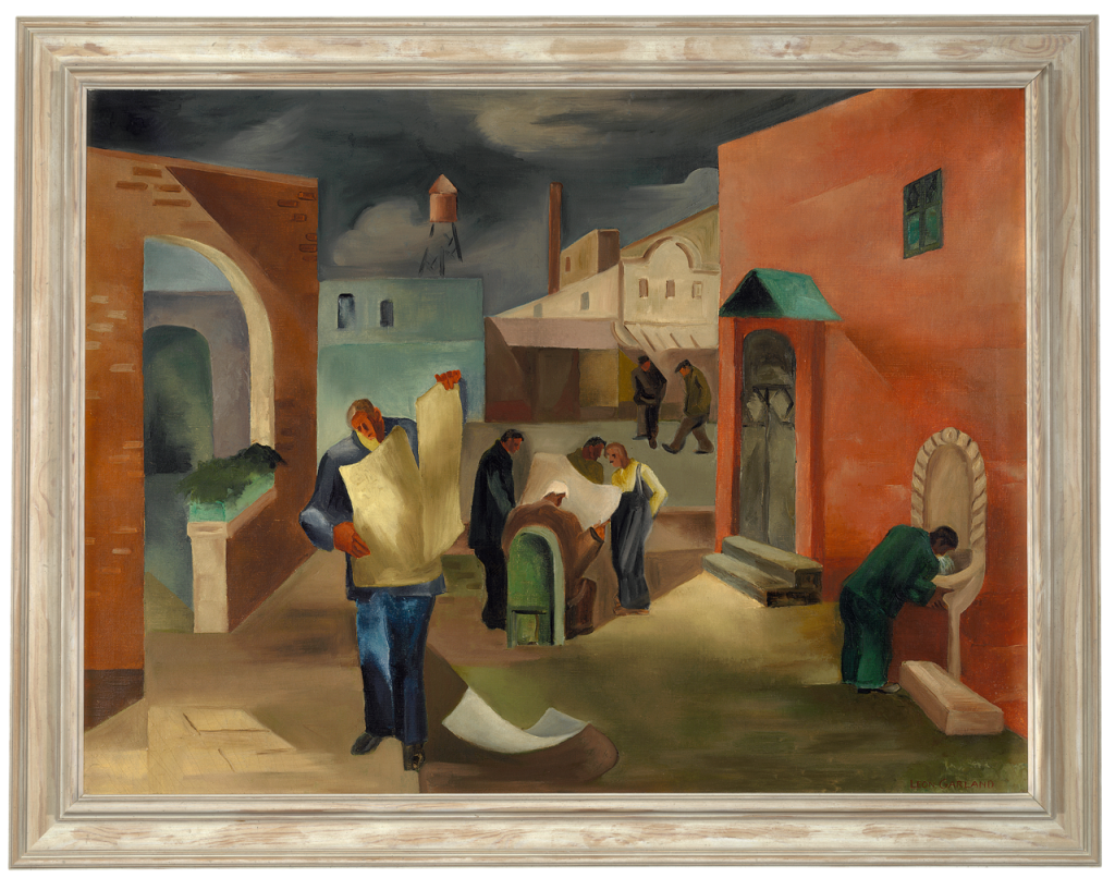 A painting depicts several people in an urban courtyard, reading large papers. One person drinks from a fountain. Buildings, an archway, and a water tower are visible, all under a cloudy sky. The scene has a muted color palette.