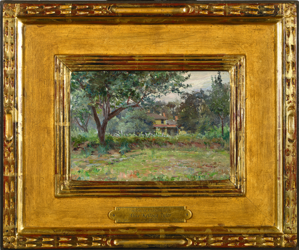 A gold-framed painting depicts a lush, green landscape with a large tree in the foreground and a house partially obscured by trees and bushes in the background under a cloudy sky.