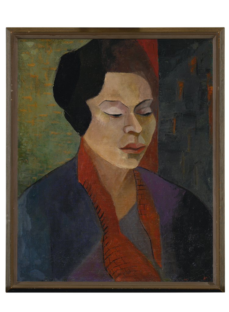 Cubist-style portrait painting of a woman with short dark hair, closed eyes, and a red scarf, set against an abstract green and dark background. The artwork uses bold shapes and muted colors.