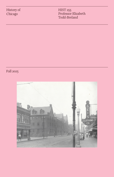 A sepia-toned historic street scene with old buildings, streetcar tracks, and a Geist Clothing Co. sign. Text above lists a history course, professor, and Fall 2025..