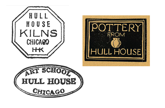 Three vintage logos: Hull House Kilns Chicago, Pottery From Hull House with a pottery graphic, and Art School Hull House Chicago in black and white or sepia tones.