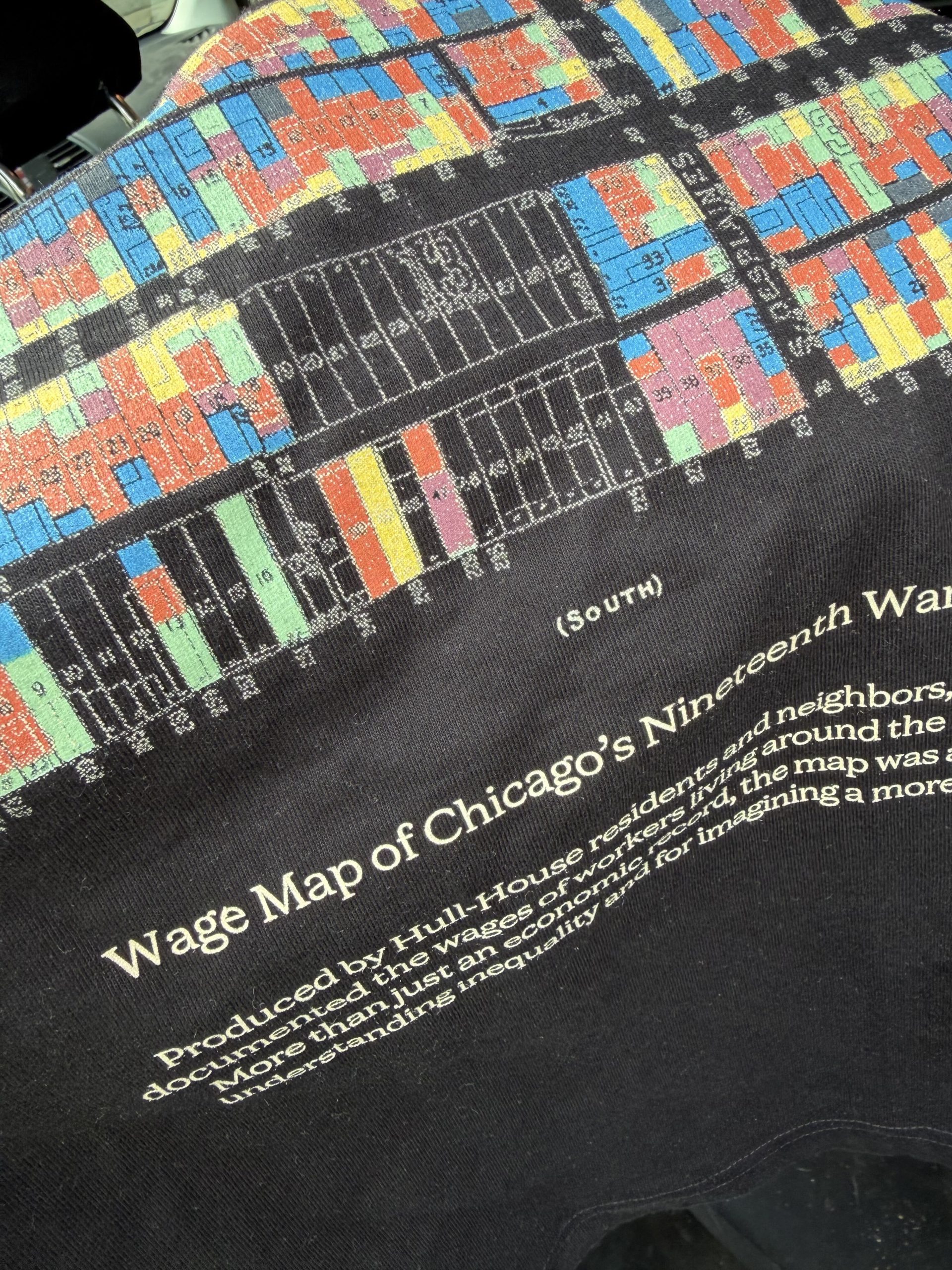 A colorful map showing wage data for Chicagos Nineteenth Ward, labeled Wage Map of Chicagos Nineteenth Ward, with a descriptive text about wage inequality at the bottom.