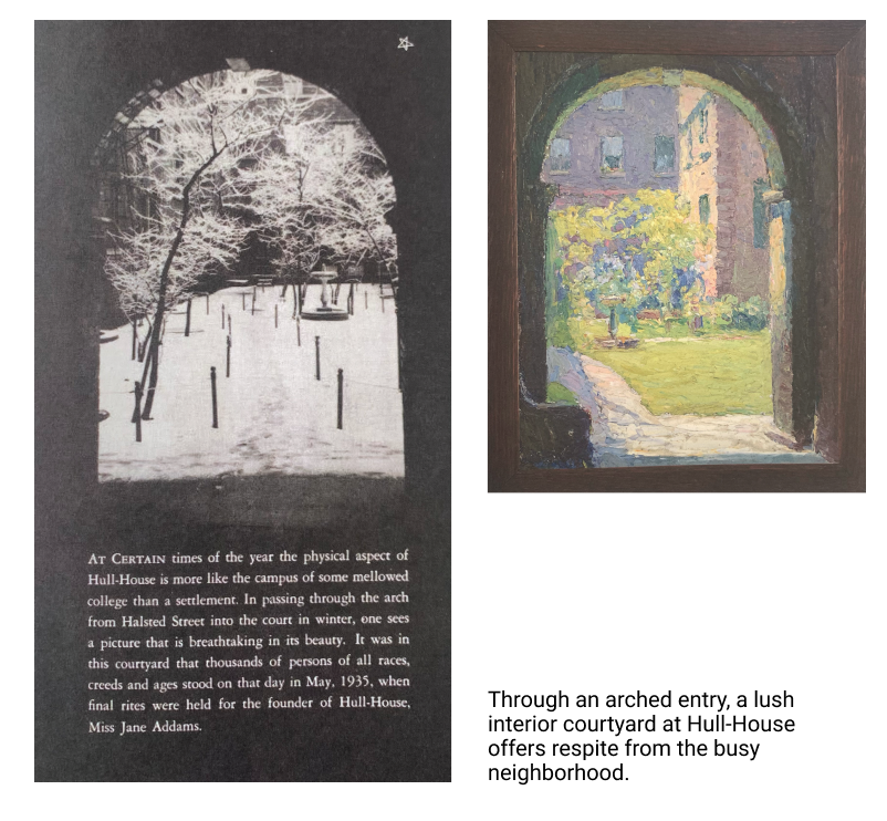 Two images: left, a snowy courtyard with benches and leafless trees seen through an arch; right, a painting of the same arch framing a bright, green garden courtyard bathed in sunlight.