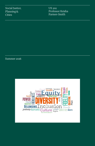 Course info at top, Social Justice, Planning & Cities, US 202, and Professor Keisha Farmer-Smith. Below is a word cloud with words like Diversity, Equity, Inclusion, Power, Culture, and Belonging..