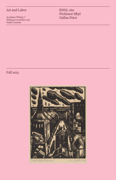 A pink background features text about an English class and professor at the top, Fall 2024 in the middle, and a monochrome print of a town with rooftops and a church at the bottom.